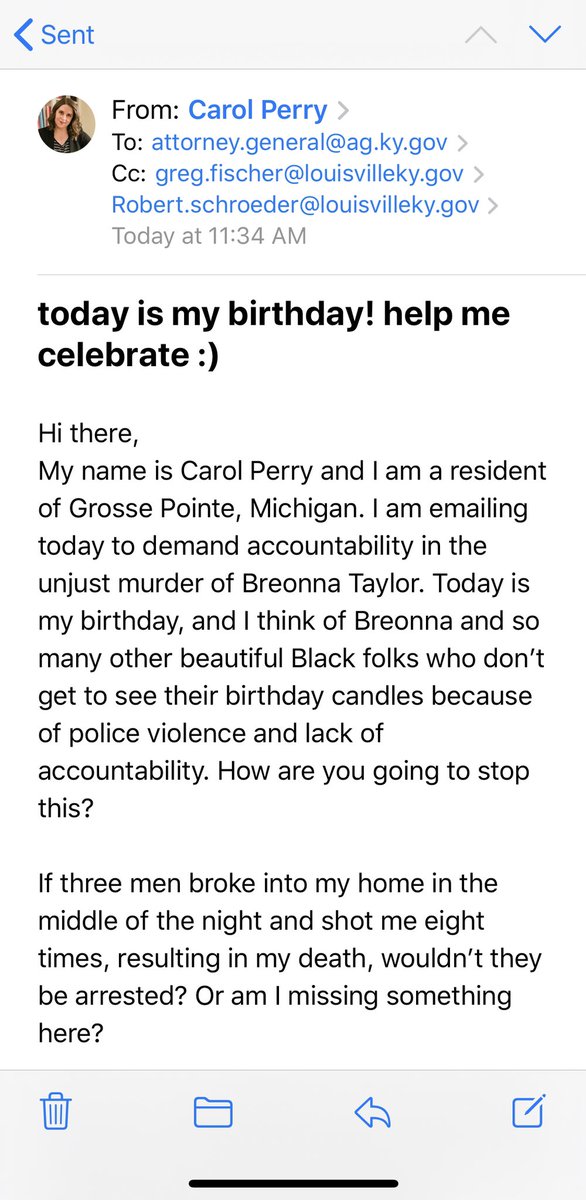 StudioSostegno's tweet photo. Hi it’s my birthday and if you’d like to wish me a happy one, please email the kentucky attorney general, greg fischer and robert schroeder at louisvilleky dot gov and send me a pic #justiceforbreonnataylor #standwithbre thanks! https://t.co/ny6B8svnV7