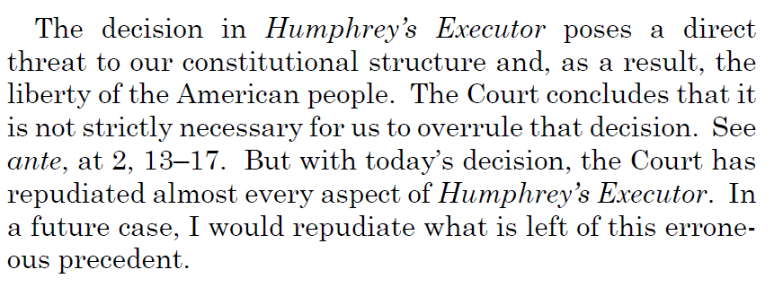 Thomas takes the Seila majority to the logical extreme, and would overturn Humphrey's executor. Would render many agencies unconstitutional based on their exec power, not just leadership structure.