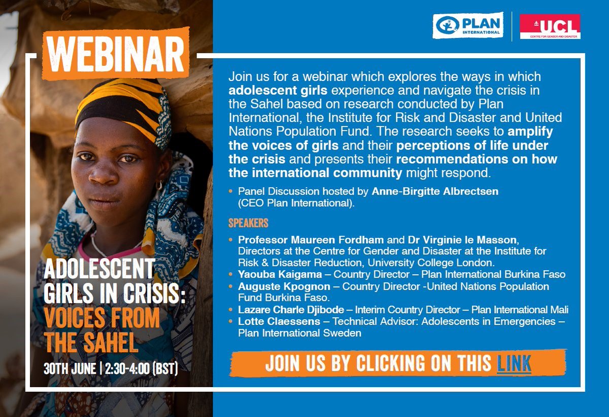 PlanGlobal's tweet image. Webinar alert 📢 

Make sure to tune into our webinar tomorrow which looks at the experience of #GirlsInCrisis in the Sahel with recommendations on how the international community should respond @ABAlbrectsen @UCL_GD 
Listen here: bit.ly/3i1Ot0p