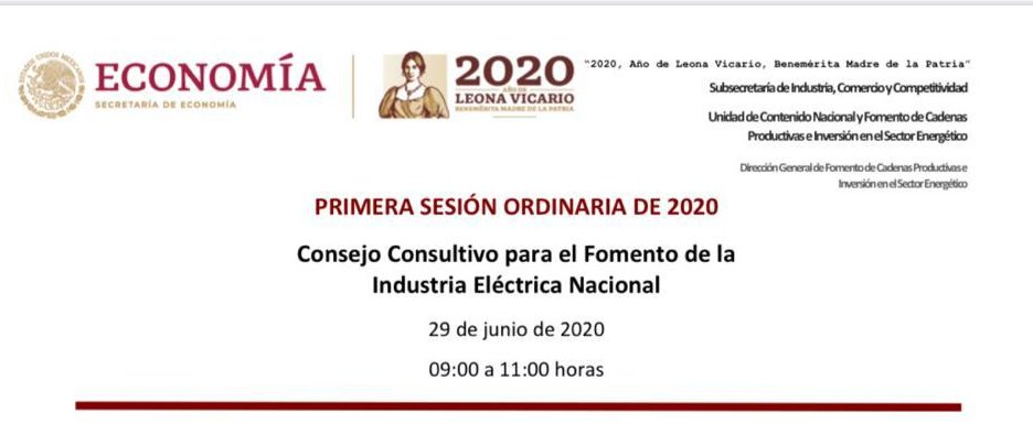 COMENER_MX's tweet photo. Esta mañana participa nuestro presidente @COMENER_MX  el Ing.@juanc_acra, junto con Cámaras y Asociaciones del Sector Privado, en la Primera Sesión Ordinaria 2020 del Consejo Consultivo para el Fomento de la Industria Eléctrica Nacional a cargo de @SE_mx https://t.co/KLIzwxwVfv