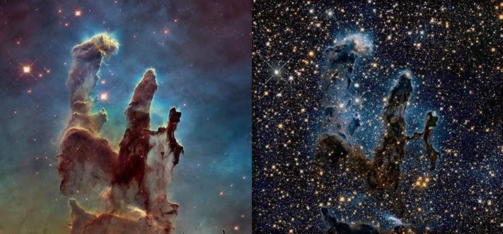 Misalnya, kembali menggunakan contoh Pillars of Creation, berikut ini adalah contoh pengamatan pada cahaya tampak (kiri) dan pada spektrum inframerah (kanan).