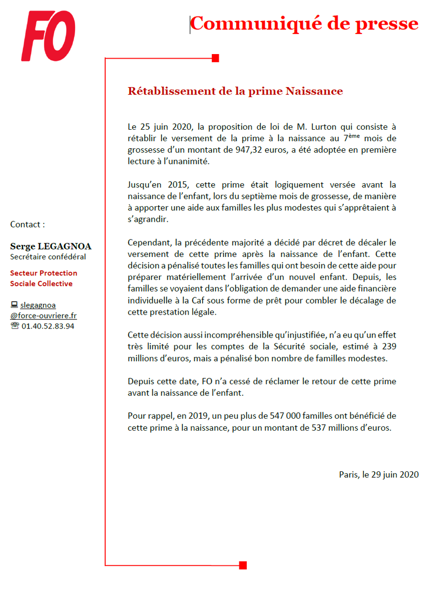 force_ouvriere's tweet photo. CP - FO - Rétablissement de la prime naissance au 7ème mois de grossesse adoptée en première lecture. FO n’avait jamais cessé de réclamer son retour avant la naissance de l’enfant. https://t.co/DXj5Yklbaf https://t.co/OfzBk2HfhQ