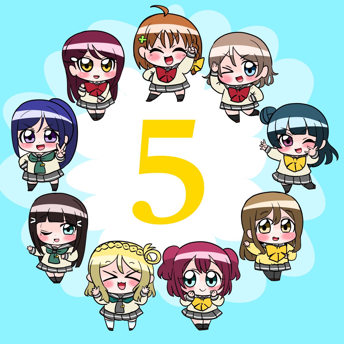 kunikida hanamaru ,kurosawa dia ,kurosawa ruby ,matsuura kanan ,ohara mari ,sakurauchi riko ,takami chika ,tsushima yoshiko ,watanabe you multiple girls 6+girls one eye closed chibi school uniform red hair uranohoshi school uniform  illustration images