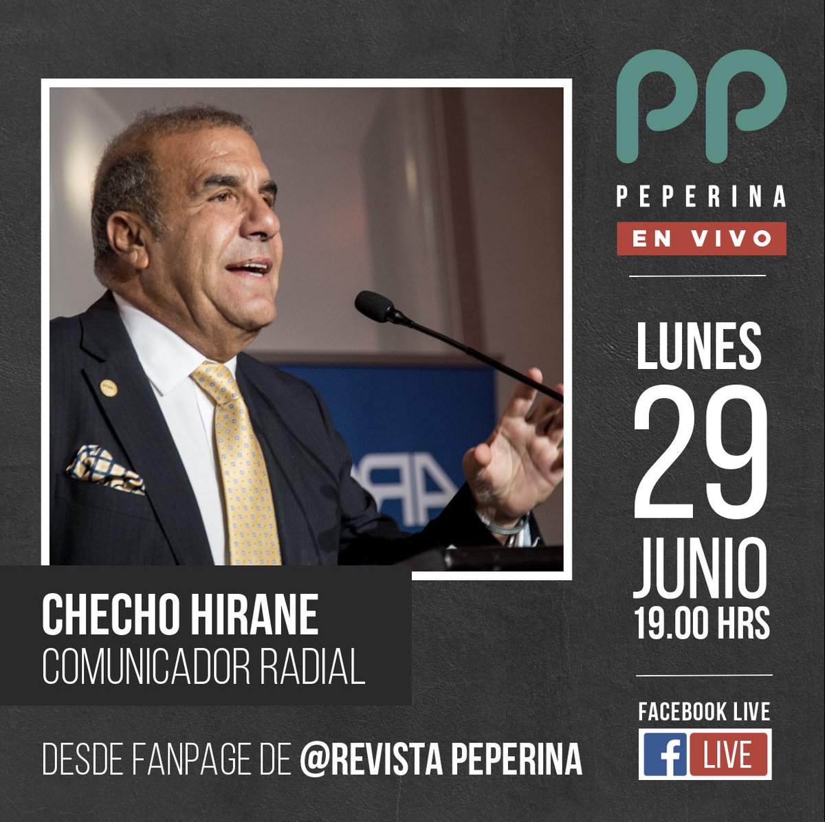 RevistaPeperina's tweet photo. Querid@s amig@s, seguimos con nuestro ciclo de #entrevistas en @revistapeperina. Hoy, lunes  29 de junio, a partir de las 19:00 hrs., conversaremos con @chechohirane.

Los esperamos. 

#comunicador #radio #entrevistaspeperina #valledecolchagua #colchaguavalley #regióndeohiggins https://t.co/IHalfO1yQC