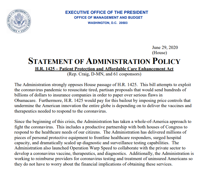 OMBPress45's tweet photo. OMB Statement of Administration Policy *Update*: 

H.R. 1425 – Patient Protection and Affordable Care Enhancement Act

→ https://t.co/38k1xdqP0t https://t.co/02ffJNCKDZ