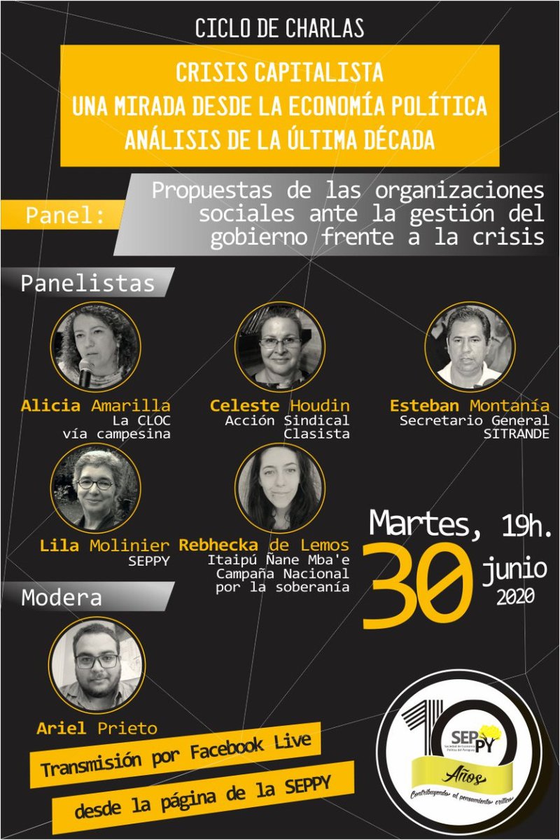 CONAMURI's tweet photo. Nuestra compañera @AliciaAmarill20 se suma al "Ciclo de charlas" organizado por el 10° aniversario de la Sociedad De Economía Política del Paraguay el día martes 30 de junio a las 19 horas.
Se transmitirá online por la fan page de la #Seppy. ¡No se lo pierdan! https://t.co/xtEqyyarws