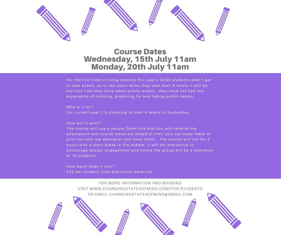 For the first time in living memory GCSEs haven't run - so these students' first experience of public exams will be A levels.  To get them off to a flying start I am running a couple of online transition workshops:
changingstatesofmind.com/for-students