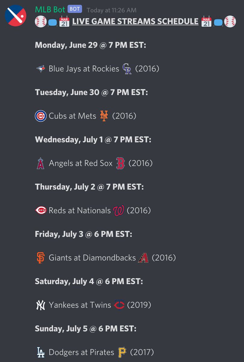 BASEBALL IS BACK! 

While we wait for the beginning of the baseball season MLB Chat will continue to show live MLB games every night. 

Here is this week's MLB Chat Game Night Schedule:

#MLB #Baseball #MLBLive #LiveBaseball #Live #Chat #MLBChat #Discord #BaseballisBack