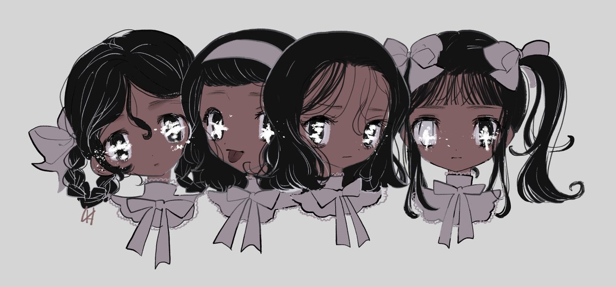 4girls multiple girls dark skin black hair dark-skinned female simple background bow  illustration images