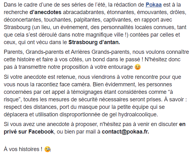 PokaaTeam's tweet photo. Appel à témoignages pour notre série d'été ☀️✍️🧐

Évidemment, vous pouvez aussi venir nous en parler en DM 😉
#Strasbourg https://t.co/XZYRPxJcQ3