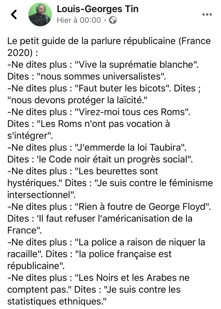 CarolineFourest's tweet photo. Ne dites plus « Je préfère traiter de raciste tout antiraciste ayant choisi une autre approche plutôt de me fatiguer à débattre ». Dites-le comme Louis-George #Tin (candidat autoproclamé au Prix Nobel de la Paix). https://t.co/hiLlp3pA8q