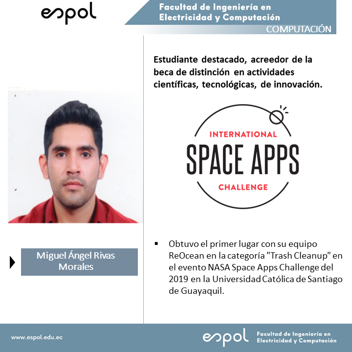JoseAsencioEc's tweet photo. Felicitaciones @paco0996 por obtener la beca de distinción en actividades científicas, tecnológicas, de innovación. Primer lugar evento Nasa Space App 2019 categoria: Trash Cleanup.#YosoyEspol @espol_fiec @espol. https://t.co/BOcNrHi9CP