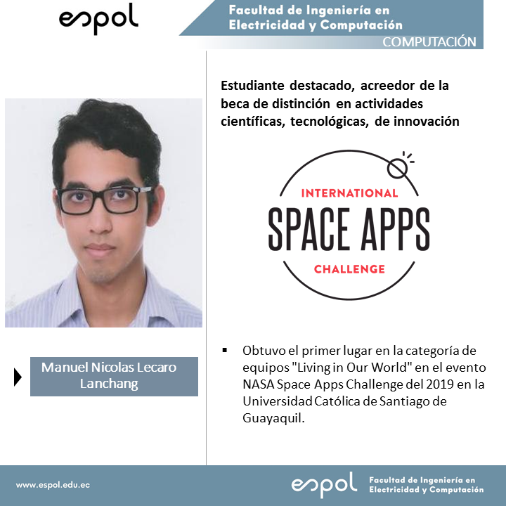 JoseAsencioEc's tweet photo. Felicitaciones Manuel Lecaro por obtener la beca de distinción en actividades científicas, tecnológicas, de innovación. Primer lugar evento Nasa Space App categoria: Living in Our World. #YosoyEspol @espol_fiec @espol. https://t.co/KKooRdxHkQ