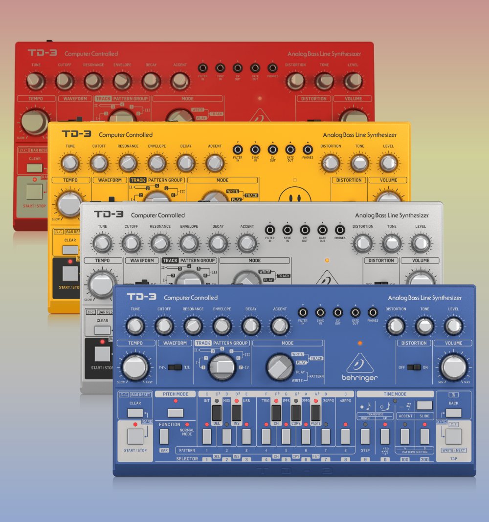 The Behringer TD-3 Bass Synthesiser is now in stock in a range of vibrant colours.

Grab this all-analogue powerhouse now before they go!

bit.ly/3dPJEnK

#behringer #td3 #behringertd3 #behringersynth #synthesiser #analogue #analoguesynth #basssynth #bass  #tb303