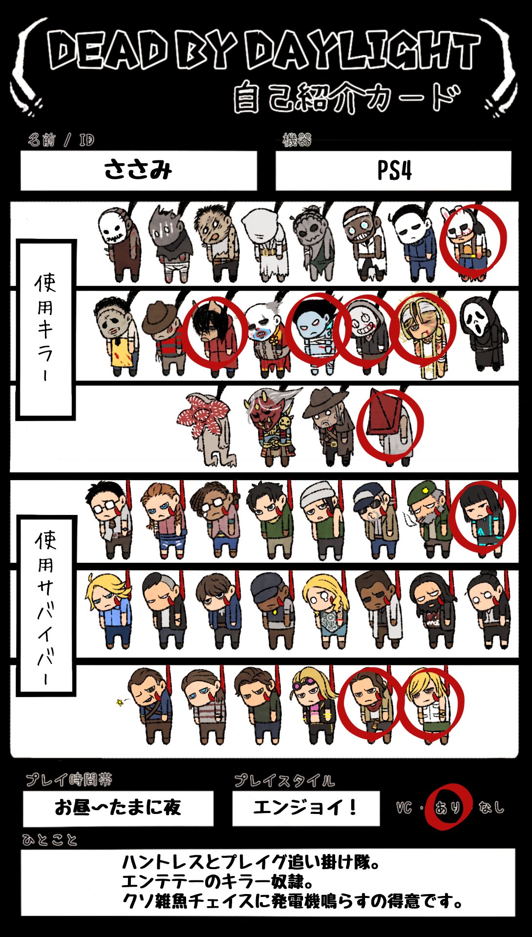 虚弱のささみ Dbd自己紹介カード Dbdフレンド募集 お昼頃に鬼ごっこしてます ガチ 煽り 暴言は 初心者さんは大歓迎 Idはdmで