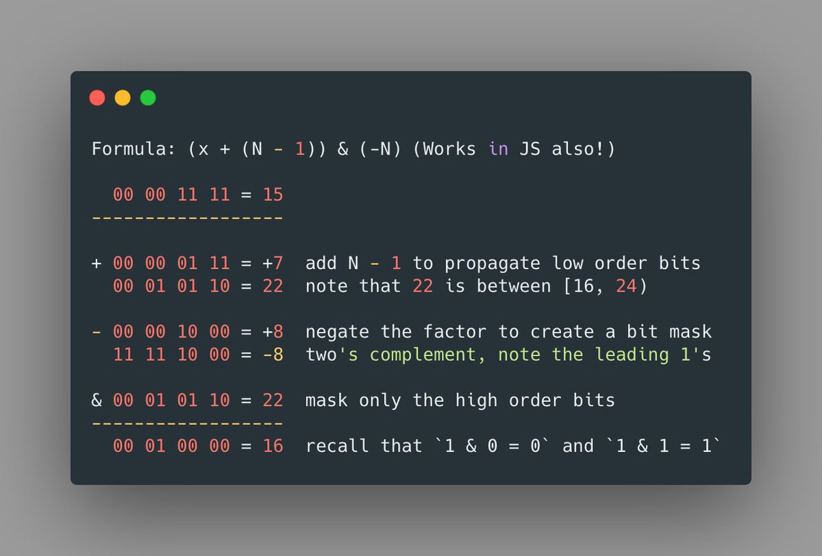 Another neat bit hacking trick; rounding a number up to a next power of 2. Useful for aligning pointers (eg when slicing a Uint8Array as a Float64Array). Also works in plain Javascript. Code can be found here: github.com/emilbayes/next…