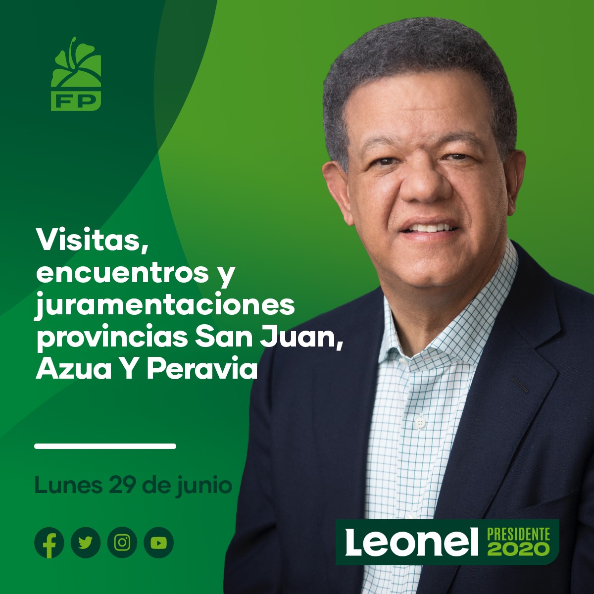 LeonelFernandez's tweet photo. Nuestra ruta de juramentaciones se mueve hoy hacia la región sur. Miles de compañeros en las provincias San Juan, Azua y Peravia nos reciben esta tarde para sumarse a la Fuerza del Pueblo y garantizar que el país retome #ElCaminoSeguro. 

Este 5 de julio vota 18. https://t.co/ZiUiBjmk1L