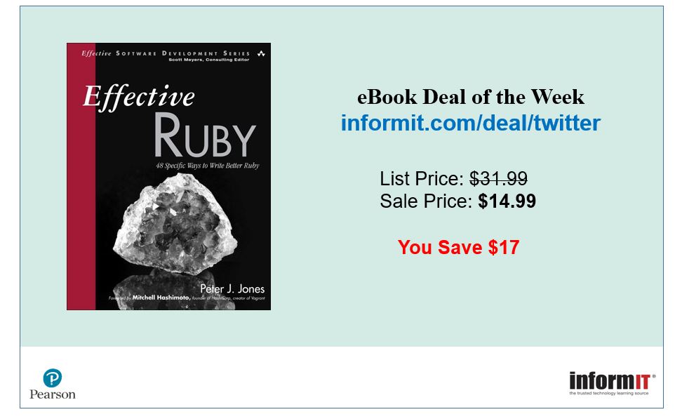 InformIT's tweet image. 48 specific ways to write better ruby from Peter J. JOnes @devalot - informit.com/deal/twitter
#rubylang #rubyprogramming #programming