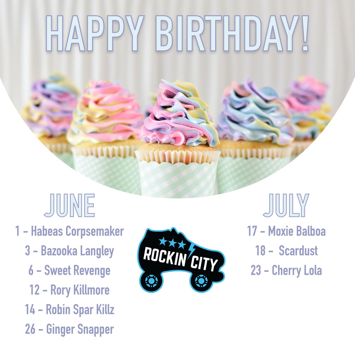RockSportsArena's tweet image. RCRGRollerDerby: Happy happy HAPPY birthday to our amazing June and July birthdays!! We hate not being able to cele-skate with you, but eat a cupcake (or three...) for us!! #rollerderby #derbytwitter  #rcrg #rocksportsarena #roundrock #texas