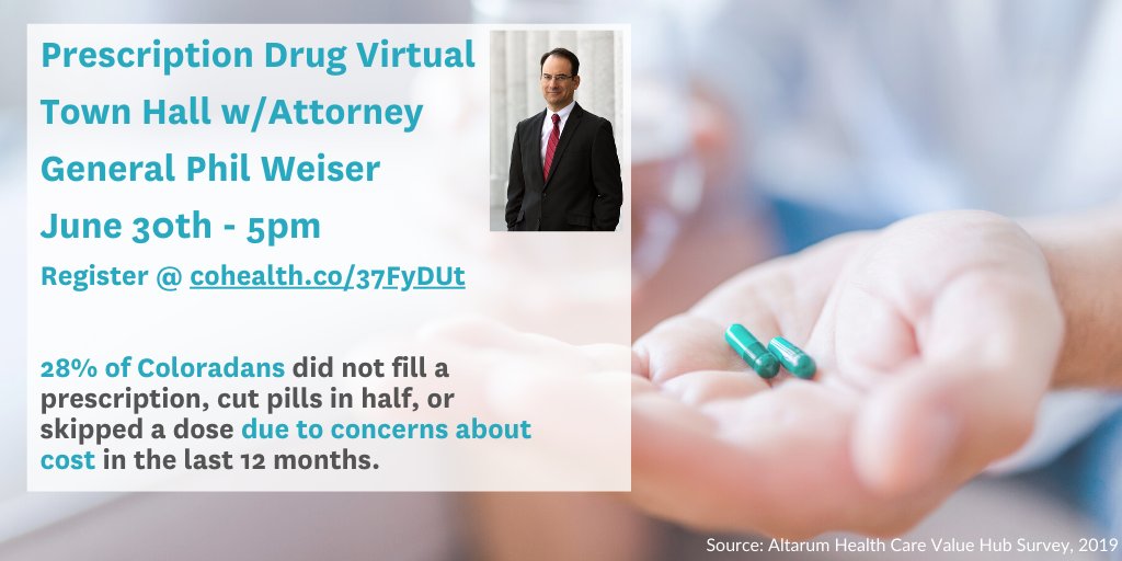 COHealthAccess's tweet photo. Join us tomorrow 5-6pm for a virtual town hall with CO Attorney General @pweiser to discuss prescription drug costs and what is happening in Colorado to push back on #RxStickerShock #Rxcosts. #cohealth https://t.co/DrZZWG6m3N

Also streamed live: https://t.co/YN1koEnYZ9 https://t.co/AJ4A2zsJJn