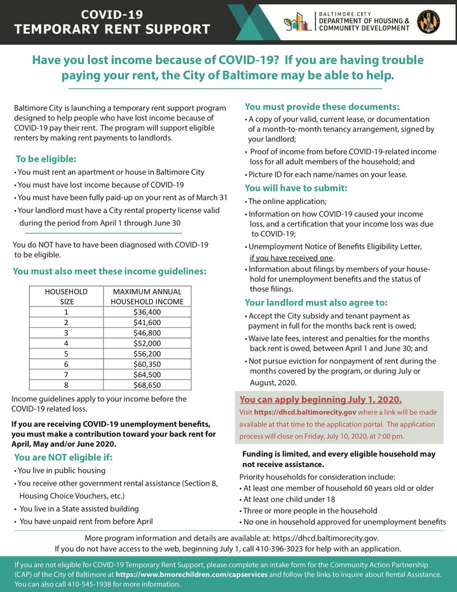 MayorBMScott's tweet photo. Baltimore, the COVID-19 temporary rent support program application opens this Wednesday, July 1. Please see the following guide to find out if you or someone you know is eligible. 

Share this and spread the word to let residents know this vital resource is available. https://t.co/vjsYaMDsnG