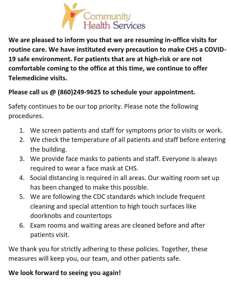CHS IS RESUMING IN-OFFICE VISITS FOR ROUTINE CARE!
