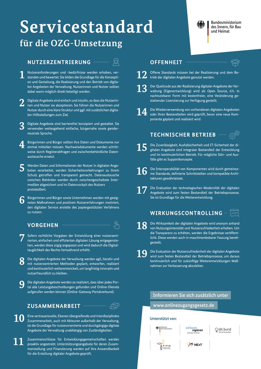 Vergangene Woche wurde ein Service Design Standard für die #OZG Umsetzung definiert. Besonders spannend finden wir den Fokus auf Nutzerzentrierung und Kollaboration. #twitterverwaltung #Servicestandard
onlinezugangsgesetz.de/SharedDocs/kur…
@VPatermann @OeffentlicheIT @NExTNetz @Tech4Germany