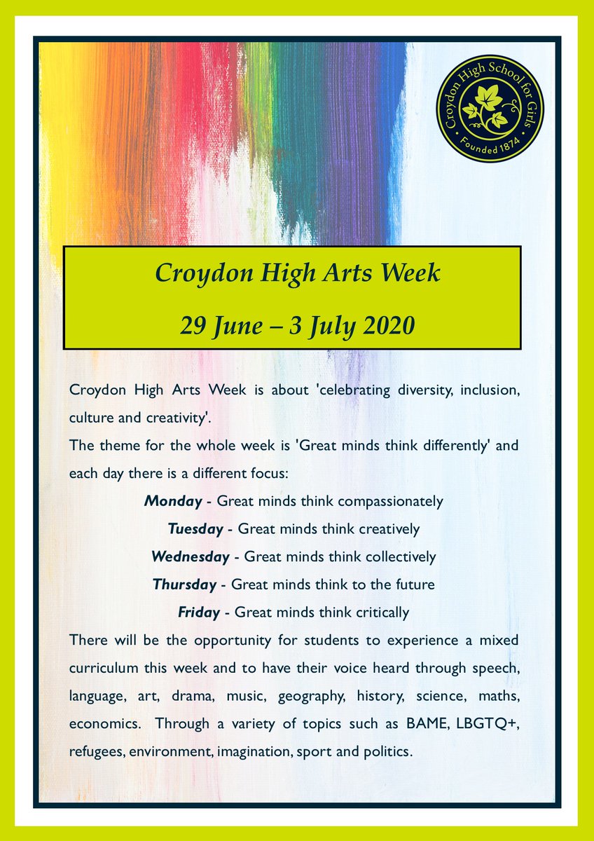 An incredible first day <a href="/CroydonHigh/">Croydon High School</a> @artdepchs #ArtsWeek2020 HUGE thanks to 5 amazing Croydon alumnae for their input Farrah <a href="/WhatIMightThink/">farrah</a> <a href="/MorayoAdeagbo/">Morayo Adeagbo</a> <a href="/blanche393/">Blanche Brown</a> Carys &amp; @GDSTAlumnae of the year finalist @alisapower Today's theme GREAT MINDS THINK COMPASSIONATELY @GDST