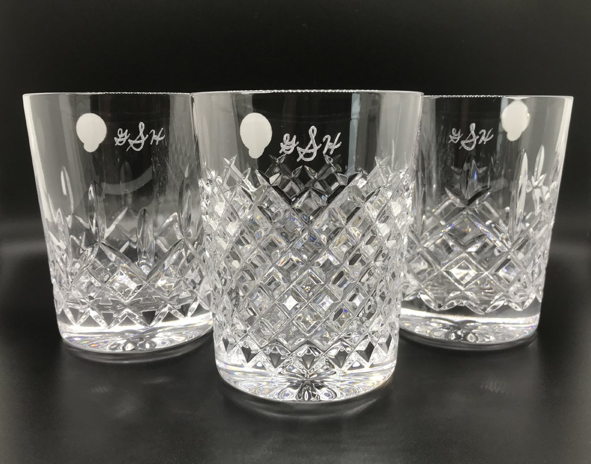 mirandafuller's tweet photo. Hand-engraved monogram on Waterford Crystal Heritage Assorted Tumblers ✨

Commissioned anniversary gift for a lucky husband. Cheers to many more years! 💗

The third slide is my tiny signature. 🐞

#glassart #monogram #waterfordcrystal #engraving #crystal #custom #nashville https://t.co/qxsu49dzR2