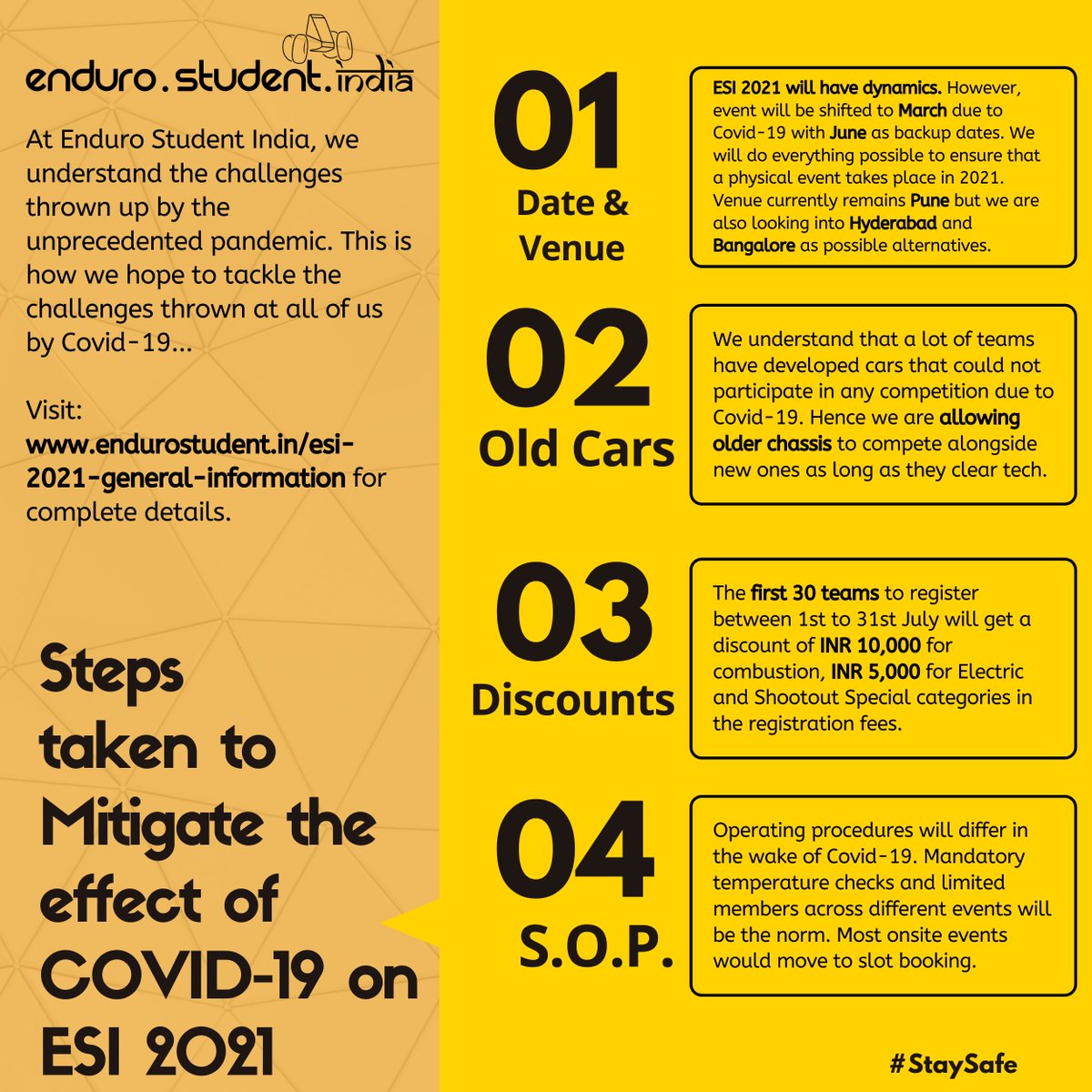 A sneak peak at the changes we are bringing to mitigate the impact of Covid-19 on ESI 2021.

You can check out the complete article here: endurostudent.in/esi-2021-post-…

More information to follow on 01.07.20!

#ESI2021
#AspireToInspire