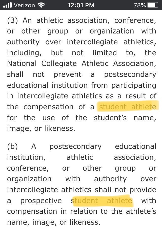 There are other super problematic terms in the NCAA’s lexicon (amateurism, line of demarcation, collegiate model), but student athlete is the one that’s most commonly used, even by NCAA critics. Here’s a look at the term popping up in SB-206 (The Fair Pay to Play Act).
