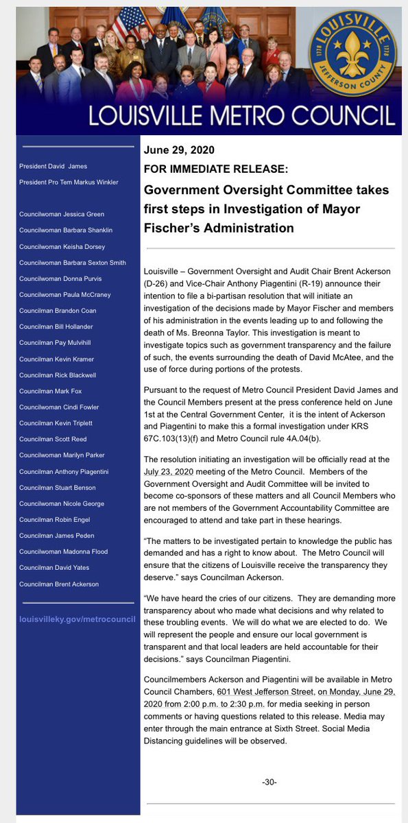 Metro Council’s Government Oversight and Audit Committee to initiate investigation of Mayor Fischer’s Administration. 
<a href="/CMPiagentini/">Councilman Anthony Piagentini</a> <a href="/CMKevinKramer/">Kevin Kramer</a> <a href="/marparker2/">Marilyn Parker</a> @ScottRe45128343 @CouncilmanPeden