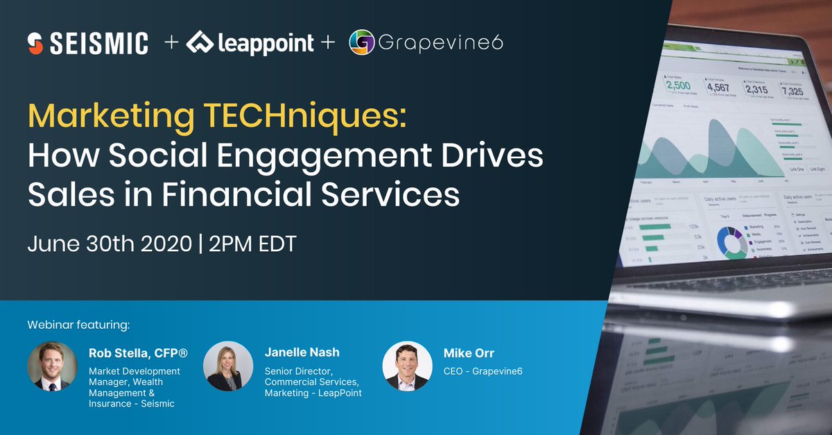 SeismicSoftware's tweet photo. Uncertain times call for creative ways to drive business revenue. Join us tomorrow, June 30 at 2:00 PM EST, for our webinar with @LeapPointLLC and @Grapevine_6 to learn how financial service firms can drive more #sales engagement for less money 💰 https://t.co/FUAdKbCbo1 https://t.co/NLjSasQyKh