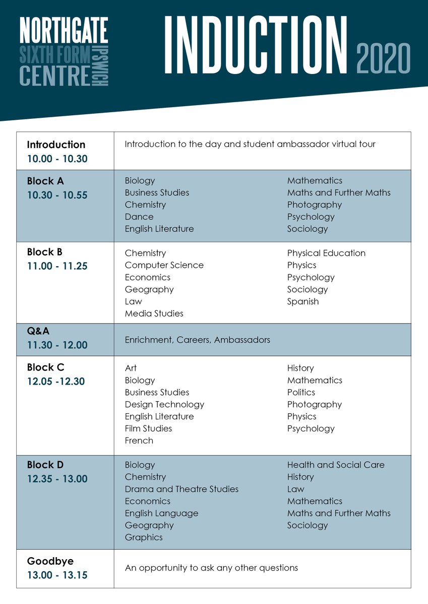 northgatesixth's tweet photo. All Sixth Form applicants have today been e-mailed a copy of our Induction booklet and programme for our virtual Induction day on Thursday.  The links in the programme will go live on Thursday.  We look forward to seeing you then. #inductionday #live #tour https://t.co/X1SYUl0zor