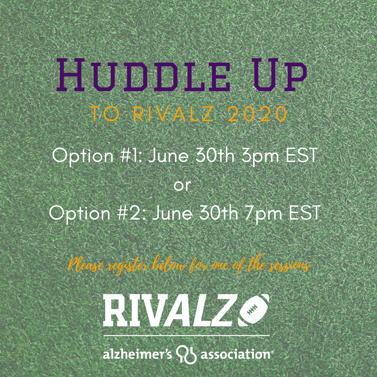 RivALZColumbus's tweet photo. For the first time in RivALZ history, we are bringing together all players, coaches, &amp; volunteers from across the country for one big team huddle. 

Register below for one of the two sessions:
3:00pm EST Session: https://t.co/u5WWVpsYPR
7:00pm EST Session: https://t.co/IVXf9oWLdM https://t.co/jX4J4Heyn9