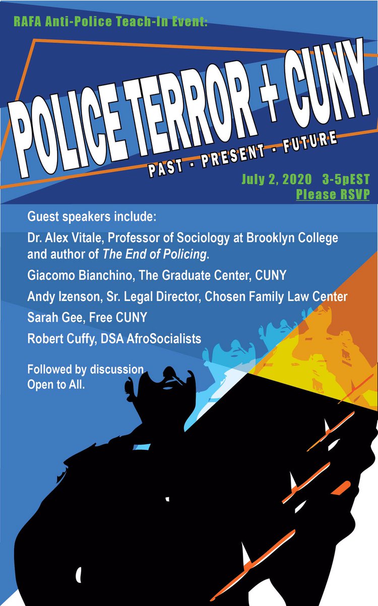 RanknFileAction's tweet photo. A member of the @AFROSOCDSA will be joining our fantastic slate of speakers at the teach-in on police terror this Thursday to discuss #blacklivesmatter. RSVP at https://t.co/kDRJXGHYCS! #defundNYPD #policefreefuture https://t.co/Mp8OMrHAlV