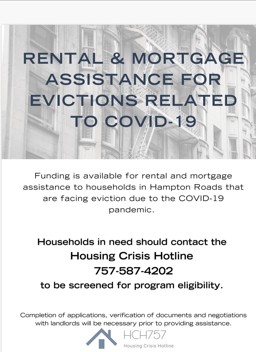 VBFACE1's tweet photo. Rental and mortgage assistance for evictions related to COVID-19. Contact the Housing Crisis Hotline to be screened.￼ https://t.co/MLg8dd57HT