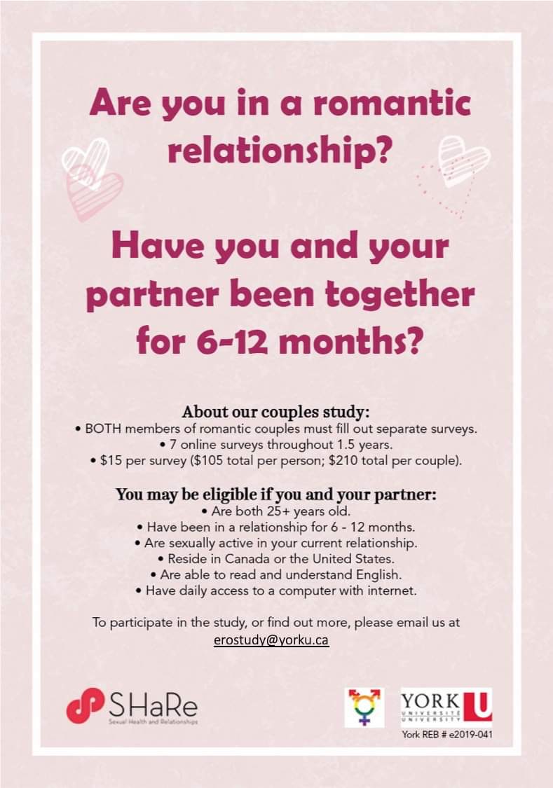 Are you and your partner in a committed relationship? <a href="/SHaRe_Sci/">SHaReLab</a> are now recruiting couples to participate in a PAID research study. Contact erostudy@yorku.ca to get started. 💜
