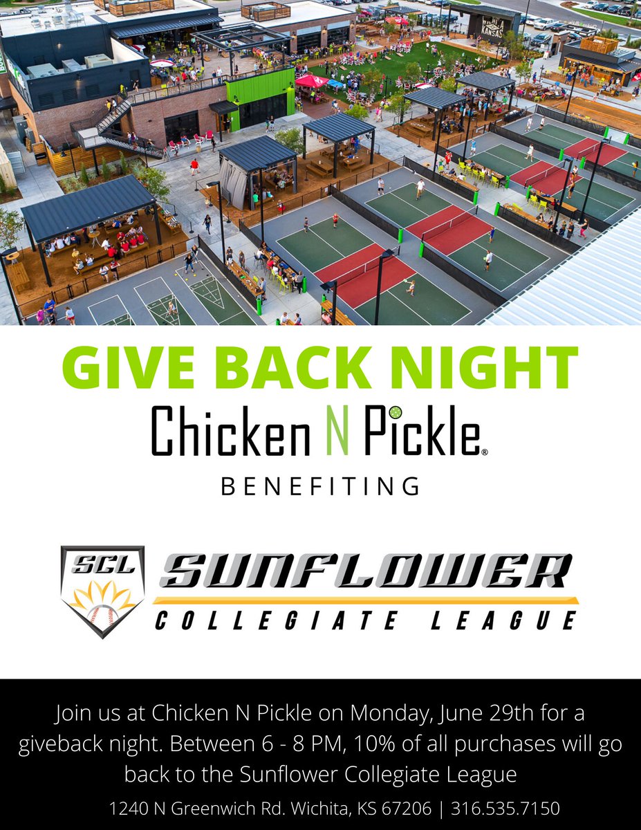 LeagueJayhawk's tweet photo. Come join us tonight at Chicken N Pickle for our SCL giveback night. 10% if all food and drink purchases between 6pm and 8pm go back to the Sunflower Collegiate League!!!  These funds will be used to televise our SCL All-Star game this summer.  Come join us! https://t.co/7NHY8swyKR