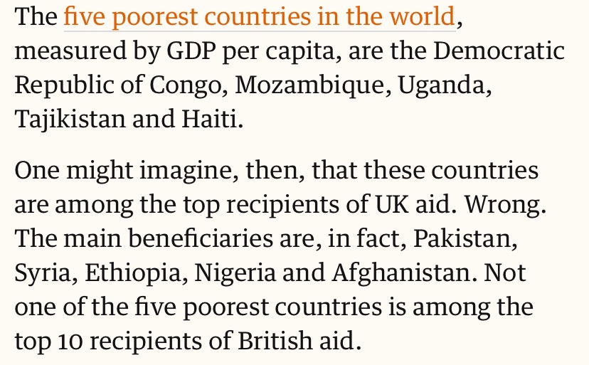 Ppl think its given to help the poor, it isnt https://www.theguardian.com/commentisfree/2018/sep/02/as-a-system-foreign-aid-is-a-fraud-and-does-nothing-for-inequality