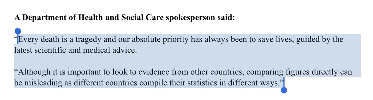 DHSC response: look to evidence from other countries but “comparing figures directly can be misleading as different countries compile their stats in different ways”.Privately Govt acknowledge not too early to start analysing but say certainly too early to reach firm conclusions