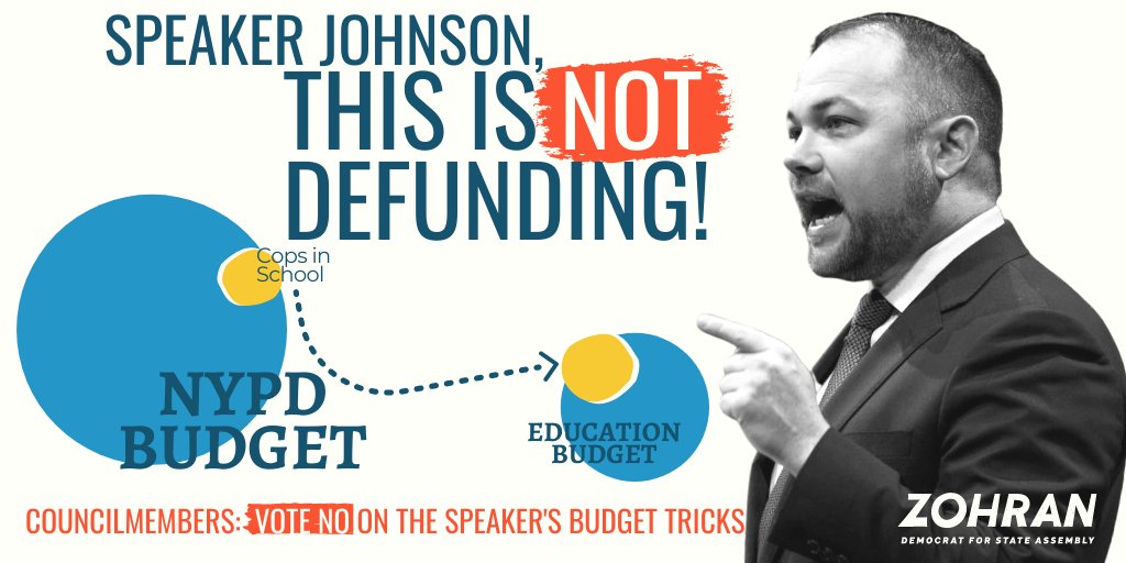 ZohranKMamdani's tweet photo. Tomorrow @CoreyinNYC &amp; @NYCMayor will try to pull a fast one on the people of New York.

We marched by the thousands to demand they #DefundTheNYPD. Instead, they're shuffling money for cops between budgets &amp; hoping we don't notice.

But we do.

The council must reject this fraud. https://t.co/dOkAP7emsi