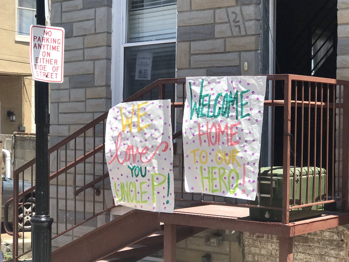 MaxineStreicher's tweet photo. Right now family and neighbors are awaiting the arrival of Pierre Gibbons. Gibbons ran into his neighbors burning home to save her last September and suffered burns to 80% of his body. 10 months later he is coming home from the hospital/rehab. It’s truly a miracle. @FOXBaltimore https://t.co/CZNsW7NGSO