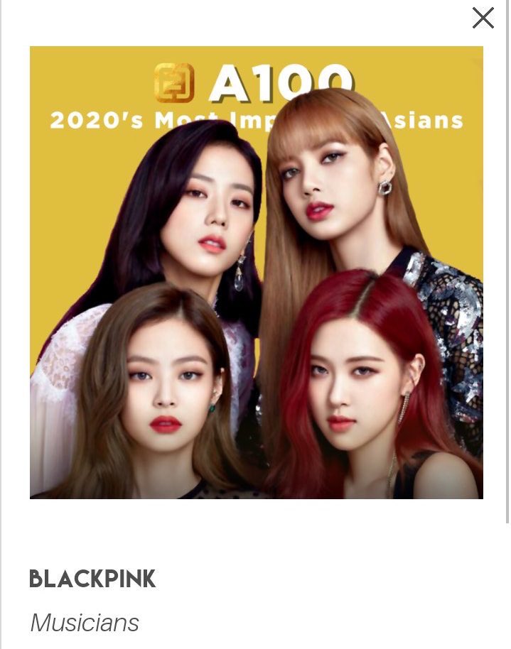 BLACKPINK won "Best Dance" and "Female Global Idol Of The Year" at Music Rank AwardsBLACKPINK have been included on Gold House’s 2020 A100 list about the most impactful Asians who are transforming society. They’re the 𝗼𝗻𝗹𝘆 𝗚𝗶𝗿𝗹 𝗚𝗿𝗼𝘂𝗽 mentioned