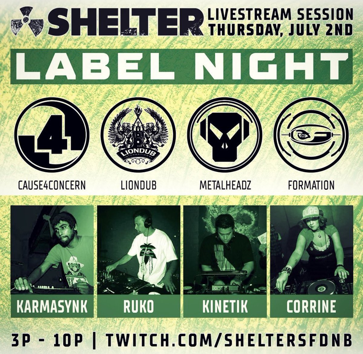 It’s time for yet another label night this Thursday, July 2, @ ~3pm PST on twitch.tv/sheltersfdnb &amp; FB live 
We’ve got guest DJs @karmasynk, and @ruko_dnb, accompanied by <a href="/sheltersf/">SHELTER SF</a> residents @kinetikdnb + @corrineisadj  Don’t sleep on this! 🔊🔥🔊