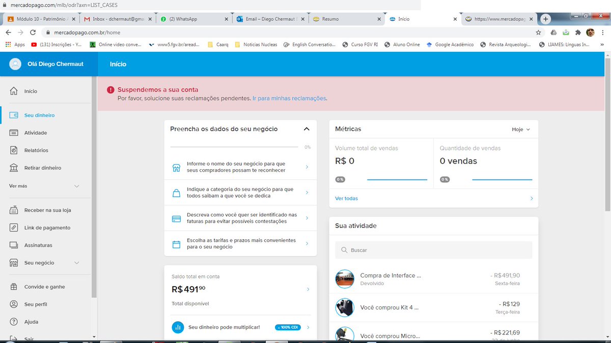 diego_chermaut's tweet photo. @MercadoLivre @canaldasbee @diva_oficial @Lorelay_Fox Fiz uma compra. Vendedor cancelou, Meu $ foi pro MP. Aí chego lá e minha conta está bloqueada por reclamações. e olha q nem vendo mais nada faz anos. Tanto é q clico no link das "reclamações" e chego lá tá vazio. Segue as fotos aí p ver. Preciso d meu dimdim #DevolveMercadoLivre https://t.co/zNFCGMekzj