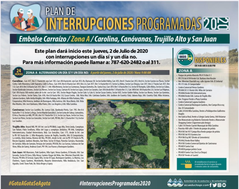 AcueductosPR's tweet photo. [Ahora] Compartimos mapa e información sobre plan de interrupción de servicio para sectores en el municipio de #SanJuan #Carolina #TrujilloAlto y Canóvanas #ZonaA https://t.co/42jPwFZOkl