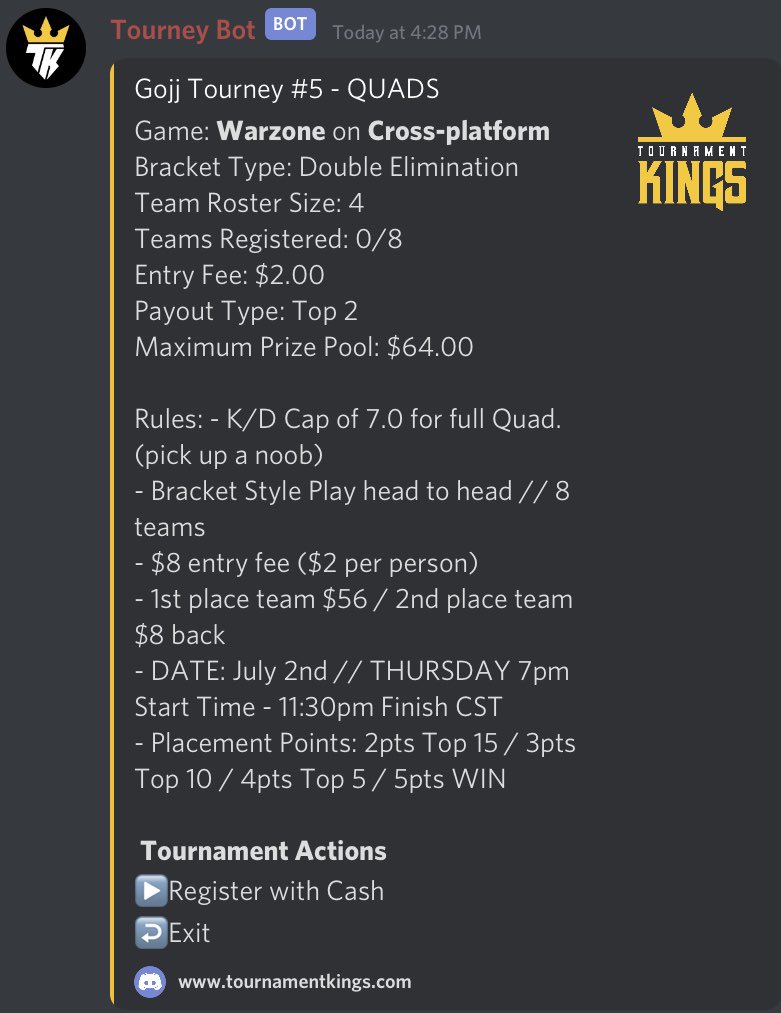 GrandmasterGojj's tweet image. Holy Crap guys our tourney on Thursday is now going to be in 200 player lobbies with the update that is tonight 😳😳. 

ALL Quads lobbies are 200 people. Get ready for some Tourney Thursday MADNESS. 

Sign up with your Quad today!!
#Warzone #WarzoneTourney #codtourney #cod