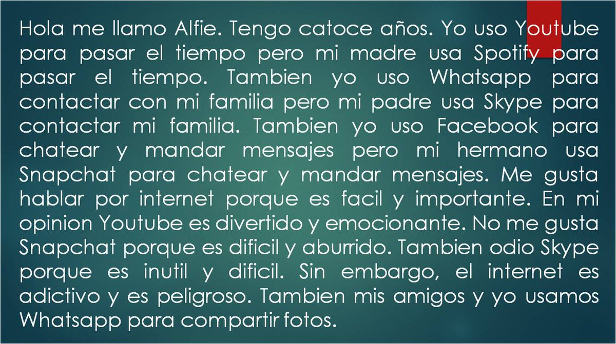 languages_la's tweet photo. 📲 LA TECNOLOGÍA ¿Y tú? ¿Qué aplicaciones usas? 🖥️ Our lovely year 9 students have been working on "Identity and Culture" GCSE theme in Spanish. 🇪🇸 Amazing writing pieces of work completed by Alfie Joyce, Thomas Woodruff, Ben Ward and Kieran Kaushal. ¡BRAVO!🌟👏 @lightcliffeacad https://t.co/H3RRDJQpIR