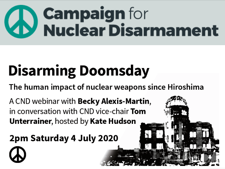 UKWILPF's tweet photo. Join @MysteriousDrBex in conversation with @CNDuk vice-chair Tom Unterrainer, discussing #DisarmingDoomsday: The Human Impacts of Nuclear Weapons Since Hiroshima. 

The webinar is hosted by CND General Secretary @kate4peace2020 

Register here: https://t.co/fNcwFuth5F https://t.co/dub02zva61
